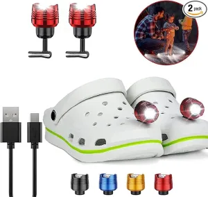2 Pcs Rechargable Metal Red Headlights for Shoes, Outdoor Waterproof LED Flashlight, Clip on Crock Light Attachment Charm, Accessories for Camping, Cycling, Walking, 3 Light Modes, Last 72 Hour