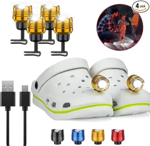 4 Pcs Metal Rechargable Headlights for Crock, Outdoor Waterproof LED Flashlight for Shoes, Clip on Crock Light Attachment Charm, Accessories for Camping, Cycling, Walking, 3 Light Modes, Last 72 Hours