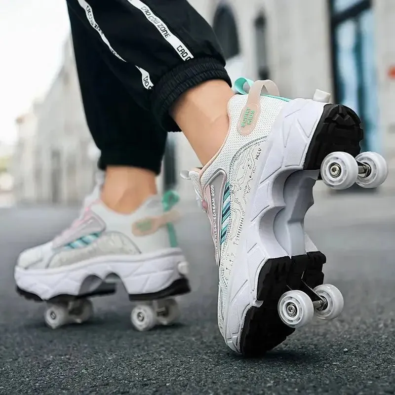 Deformation Roller Skates Shoes Double Row 4-Wheel Skates Roller Shoes with Wheels Dual-Purpose Roller Sneakers Skateboard Shoes