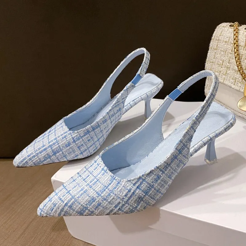 Hnzxzm Brand Designer Slingbacks High Heels Pumps Women Blue Pointed Toe Party Shoes for Woman Summer Thin Heeled Sandals Ladies