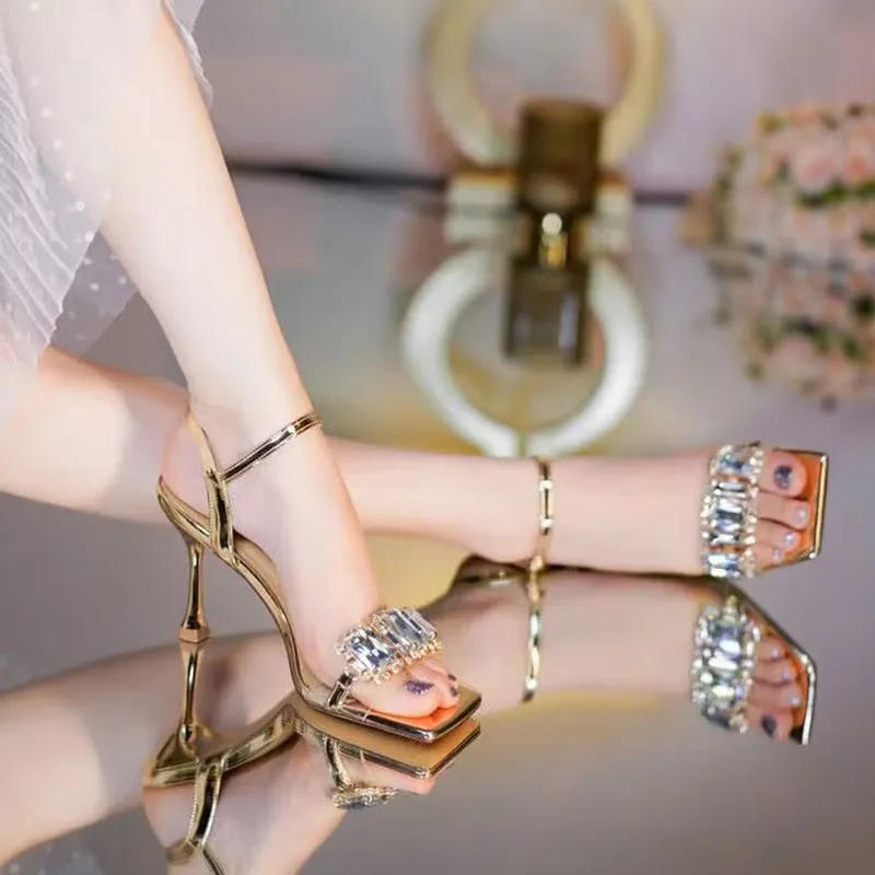 Hnzxzm Gold Silver High Heels Sandals Women Summer Square Toe Shiny Crystal Sandals Woman Ankle Straps Thin Heel Party Pumps Shoes