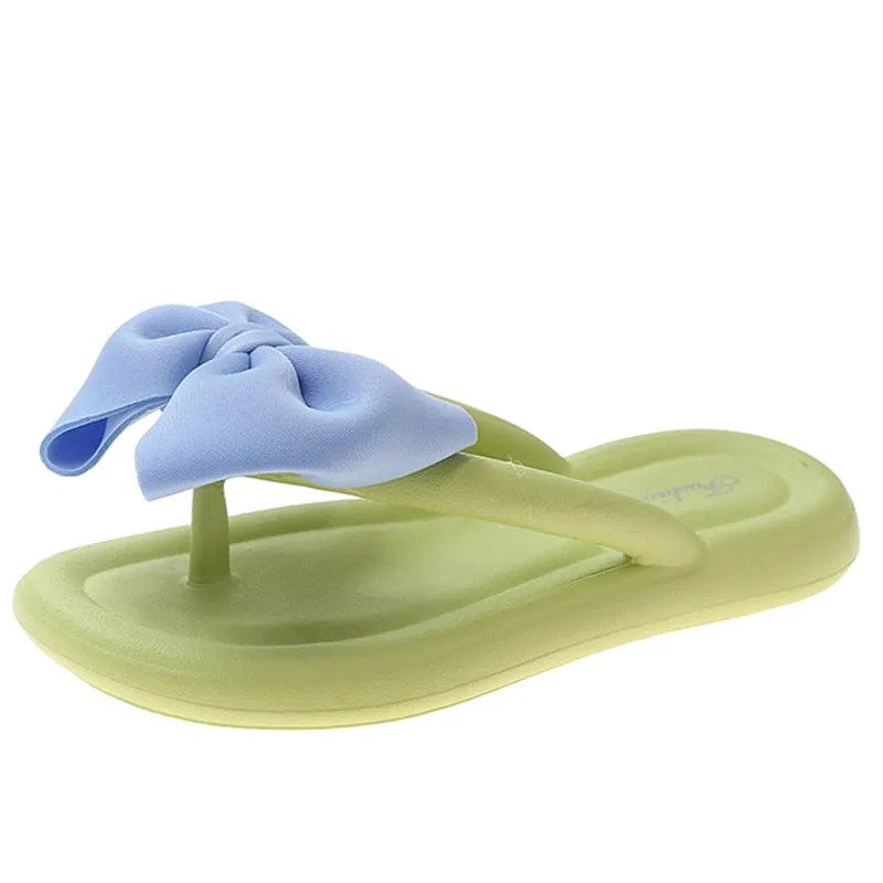 Hnzxzm Korean Slik Bowtie Flip Flops Female Soft Sole Cloud Slippers Shoes Woman Summer Platform Flat Heels Sandals Women Slides