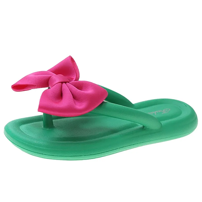 Hnzxzm Korean Slik Bowtie Flip Flops Female Soft Sole Cloud Slippers Shoes Woman Summer Platform Flat Heels Sandals Women Slides