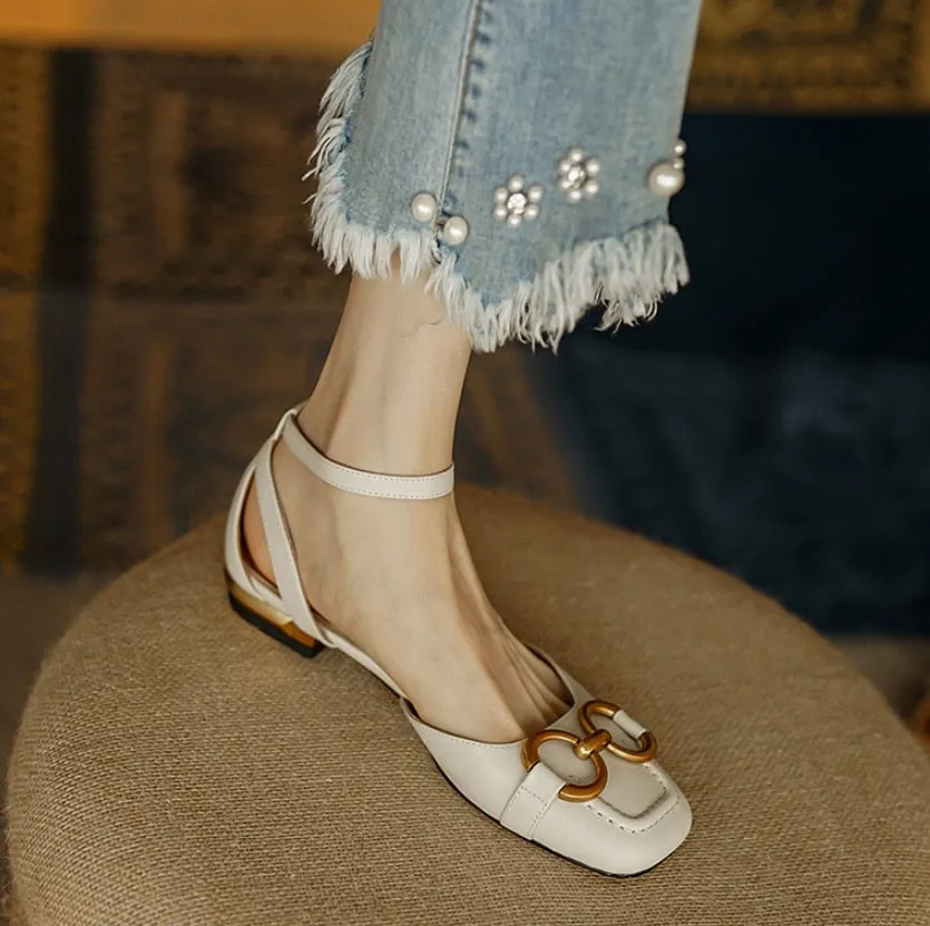 Hnzxzm New Summer Sandals For Women Retro Closed Square Toe Sandals Woman Slip On Mules Shoes Buckle Strap Lady Casual Flat Shoes