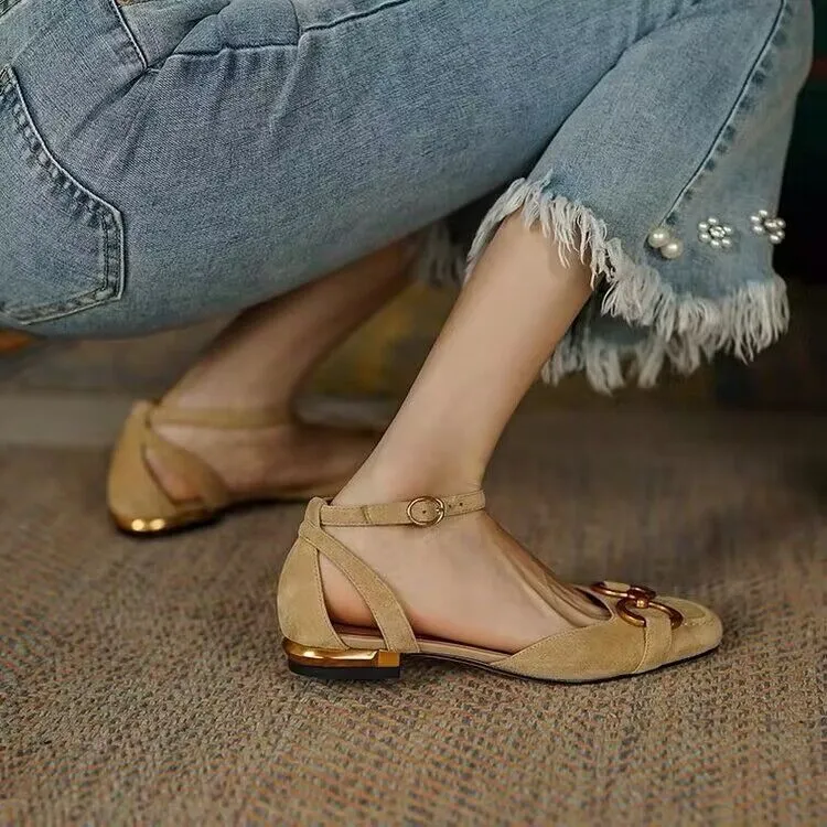 Hnzxzm New Summer Sandals For Women Retro Closed Square Toe Sandals Woman Slip On Mules Shoes Buckle Strap Lady Casual Flat Shoes