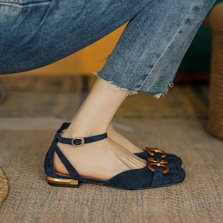 Hnzxzm New Summer Sandals For Women Retro Closed Square Toe Sandals Woman Slip On Mules Shoes Buckle Strap Lady Casual Flat Shoes