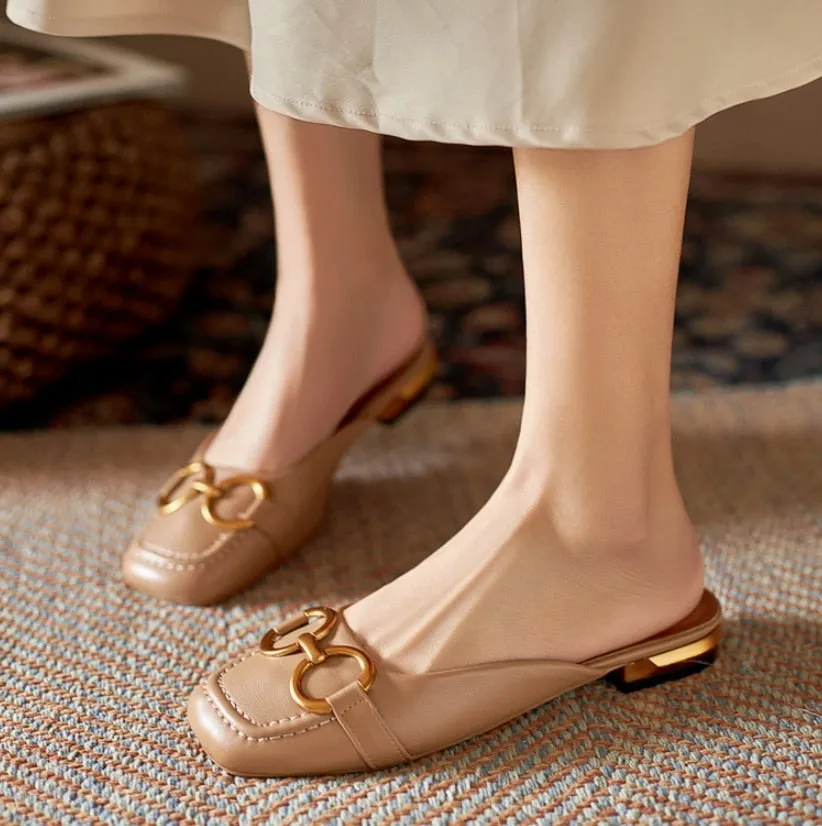 Hnzxzm New Summer Sandals For Women Retro Closed Square Toe Sandals Woman Slip On Mules Shoes Buckle Strap Lady Casual Flat Shoes