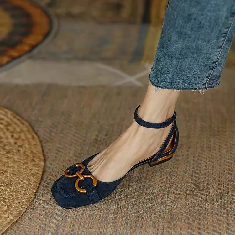 Hnzxzm New Summer Sandals For Women Retro Closed Square Toe Sandals Woman Slip On Mules Shoes Buckle Strap Lady Casual Flat Shoes