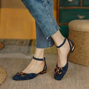 Hnzxzm New Summer Sandals For Women Retro Closed Square Toe Sandals Woman Slip On Mules Shoes Buckle Strap Lady Casual Flat Shoes