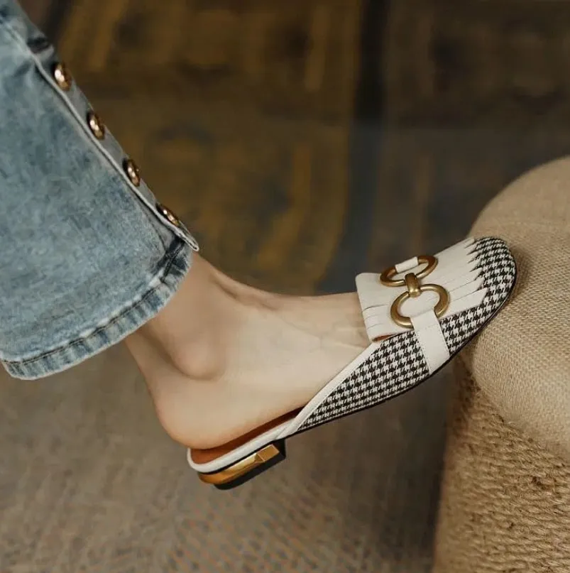 Hnzxzm New Summer Sandals For Women Retro Closed Square Toe Sandals Woman Slip On Mules Shoes Buckle Strap Lady Casual Flat Shoes