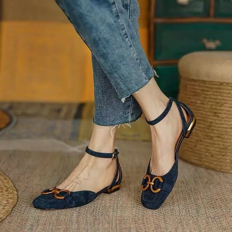 Hnzxzm New Summer Sandals For Women Retro Closed Square Toe Sandals Woman Slip On Mules Shoes Buckle Strap Lady Casual Flat Shoes