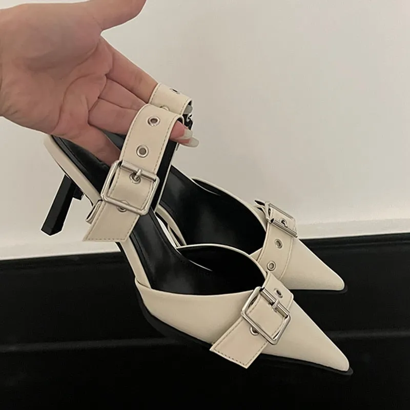 Hnzxzm Punk Goth Metal Buckle High Heels Sandals Women Summer Pointed Toe Silver Party Shoes Woman Korean Style Thin Heels Sandals