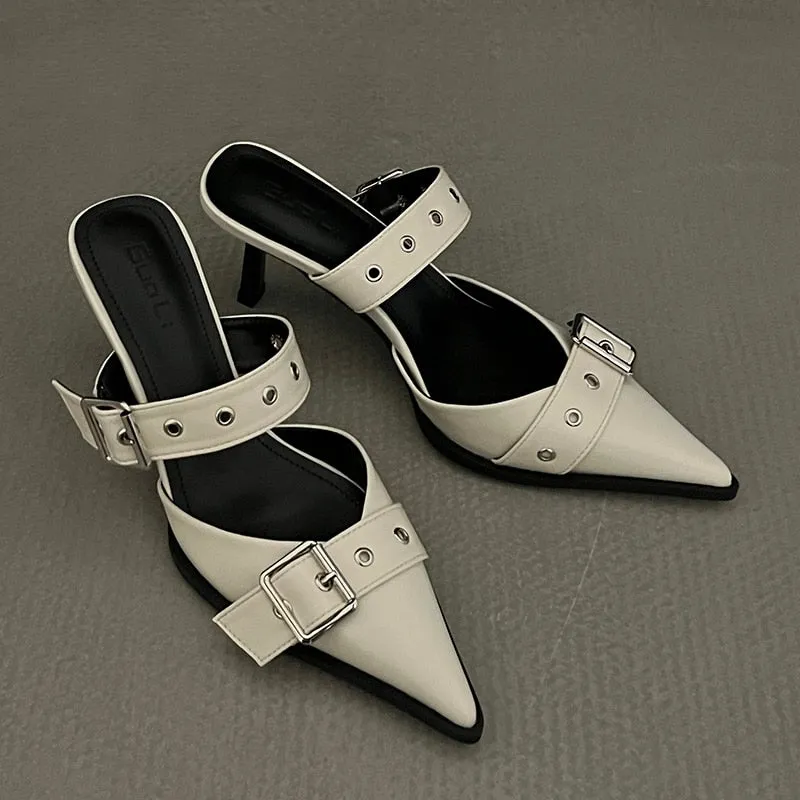 Hnzxzm Punk Goth Metal Buckle High Heels Sandals Women Summer Pointed Toe Silver Party Shoes Woman Korean Style Thin Heels Sandals