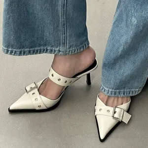 Hnzxzm Punk Goth Metal Buckle High Heels Sandals Women Summer Pointed Toe Silver Party Shoes Woman Korean Style Thin Heels Sandals