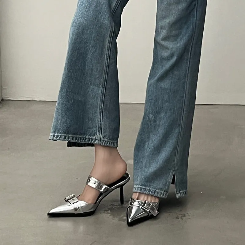 Hnzxzm Punk Goth Metal Buckle High Heels Sandals Women Summer Pointed Toe Silver Party Shoes Woman Korean Style Thin Heels Sandals
