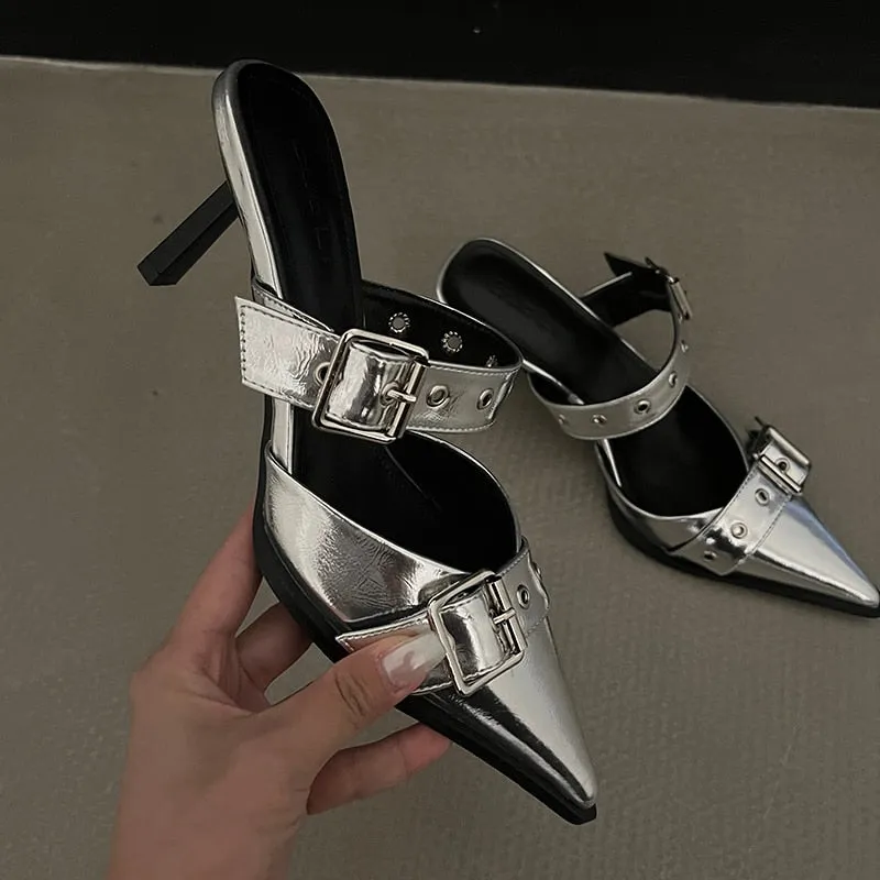 Hnzxzm Punk Goth Metal Buckle High Heels Sandals Women Summer Pointed Toe Silver Party Shoes Woman Korean Style Thin Heels Sandals