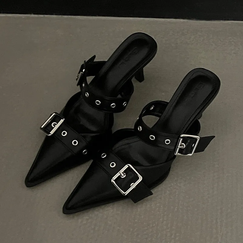 Hnzxzm Punk Goth Metal Buckle High Heels Sandals Women Summer Pointed Toe Silver Party Shoes Woman Korean Style Thin Heels Sandals