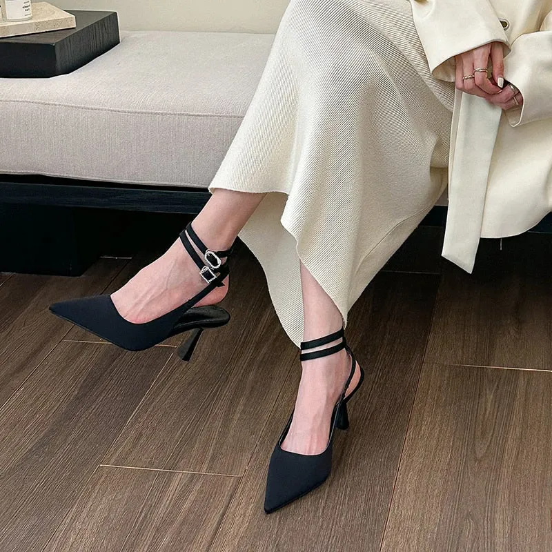 Hnzxzm Slingbacks High Heels Pumps Women New Pointed Toe Thin Heeled Party Shoes Woman Solid Color Ankle Buckle Summer Sandals