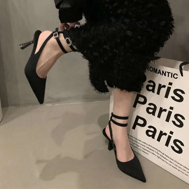 Hnzxzm Slingbacks High Heels Pumps Women New Pointed Toe Thin Heeled Party Shoes Woman Solid Color Ankle Buckle Summer Sandals