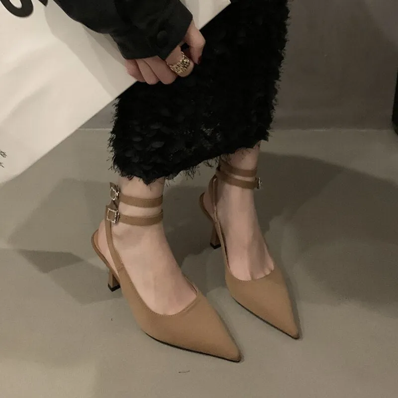 Hnzxzm Slingbacks High Heels Pumps Women New Pointed Toe Thin Heeled Party Shoes Woman Solid Color Ankle Buckle Summer Sandals
