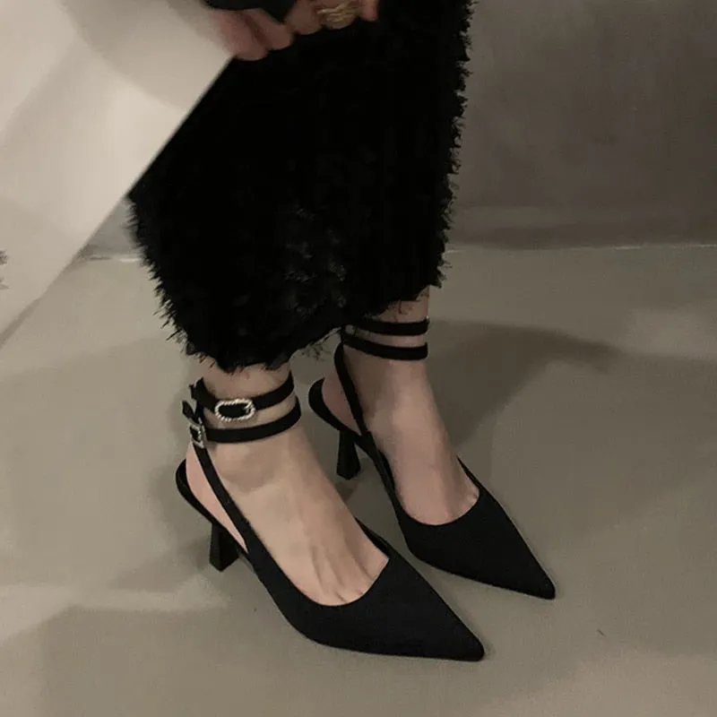 Hnzxzm Slingbacks High Heels Pumps Women New Pointed Toe Thin Heeled Party Shoes Woman Solid Color Ankle Buckle Summer Sandals