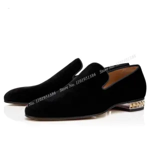 Hnzxzm Snc Black Metal Heel Velvet Handmade Men Shoes Slip on Round Toe Casual Shoes Low Heel Shoes Party Shoes Big Size 47