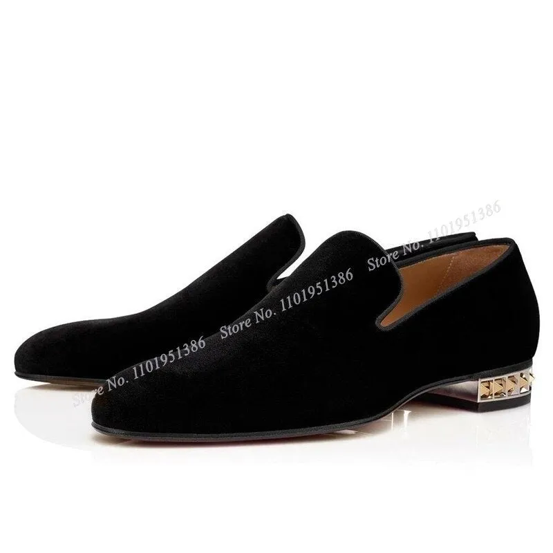 Hnzxzm Snc Black Metal Heel Velvet Handmade Men Shoes Slip on Round Toe Casual Shoes Low Heel Shoes Party Shoes Big Size 47