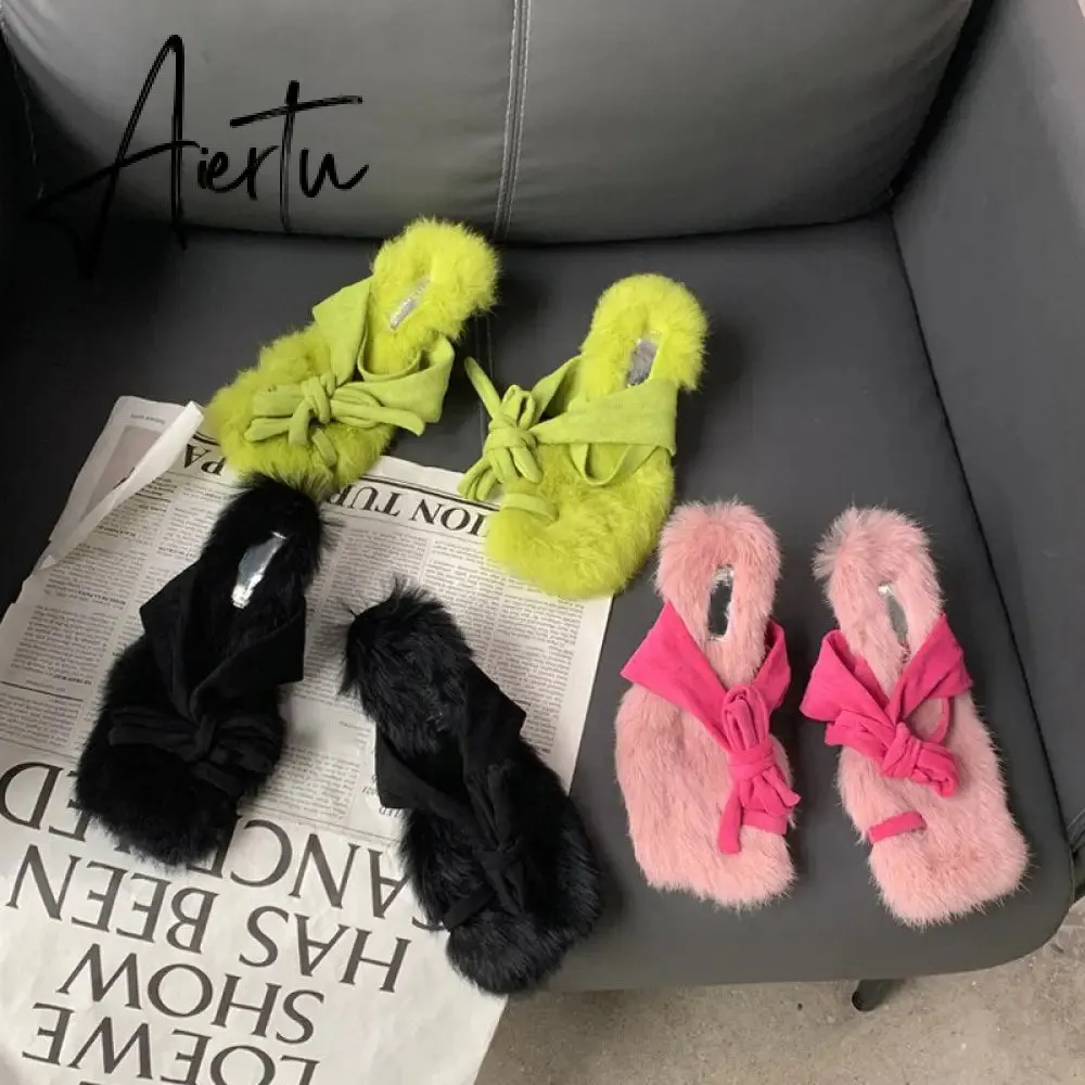 New Brand Chic Fluorescent green Plush Fur Fuzzy Sandals Women Low Thin Heels Fashion Clip Toe Ankle Lace Up Slides Shoes