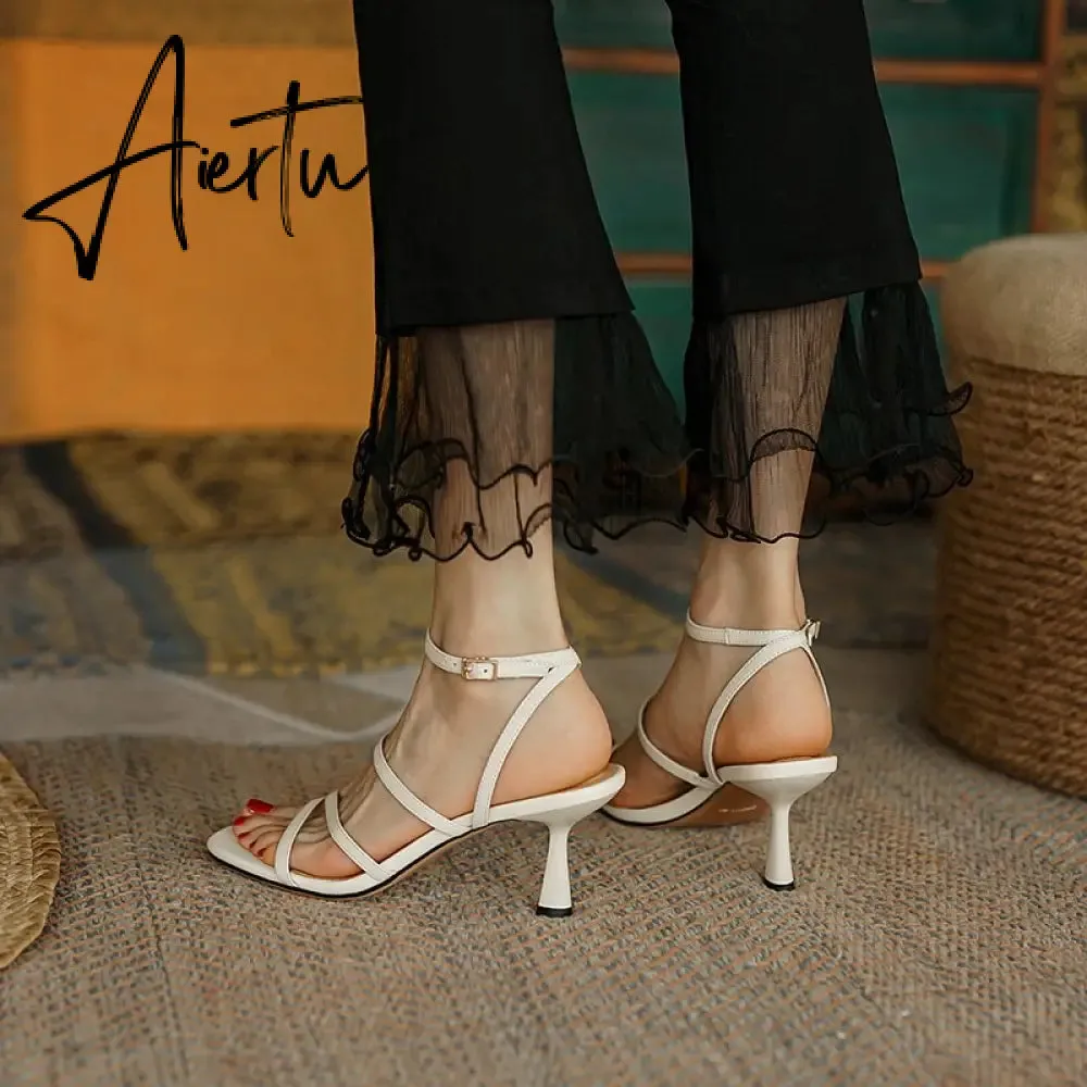New Sandals Women Shoes Square Ankle Strap Sandals Thin High Heels Buckle Strap Narrow Band Ladies Footwear Summer Beige 40