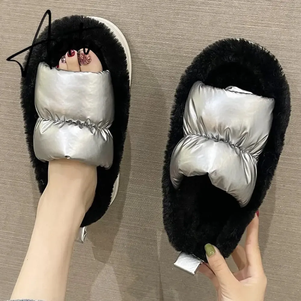 Plush Slippers Women Winter Warm Fluffy Fur Furry Thick Bottom Cotton Home Women Slippers Non-slip Flip Flops Indoor Shoes