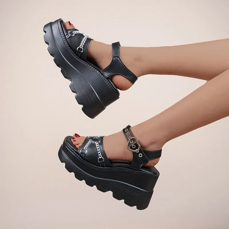 Purpdrank - Summer Cute Pink Wedge Sandals Women Gothic Buckle Chunky Platform Sandals Women Punk Thick Bottom Lolita Shoes Plus Size
