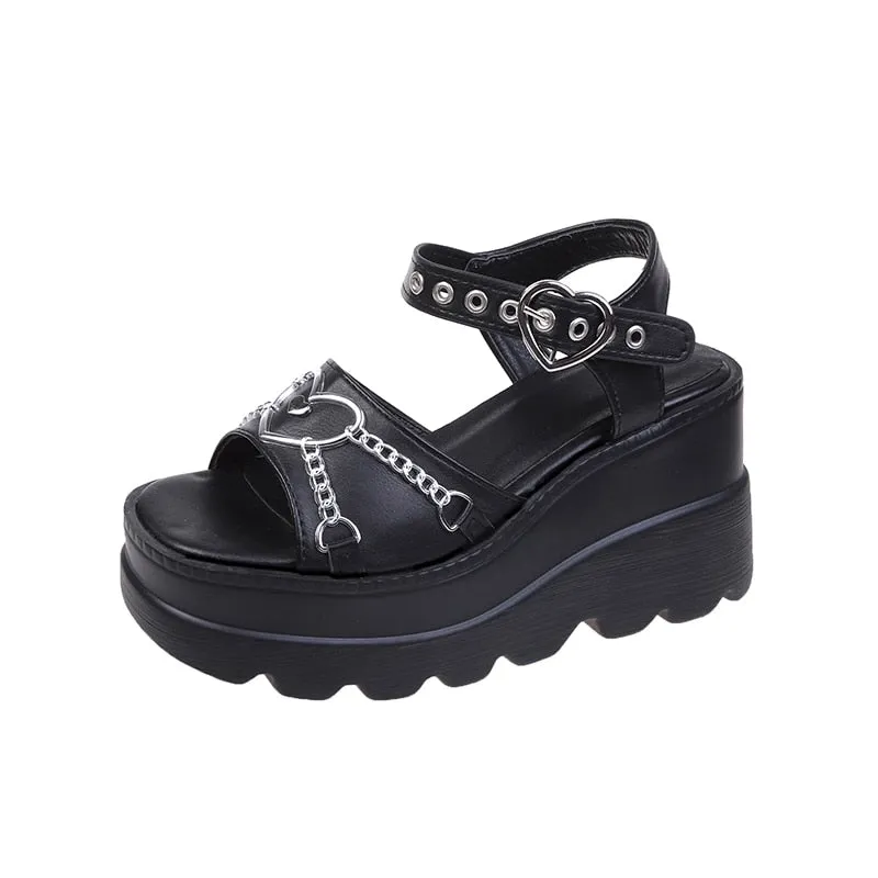 Purpdrank - Summer Cute Pink Wedge Sandals Women Gothic Buckle Chunky Platform Sandals Women Punk Thick Bottom Lolita Shoes Plus Size