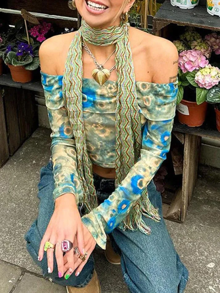 Random Floral Print Off Shoulder Mesh Long Sleeve Tee