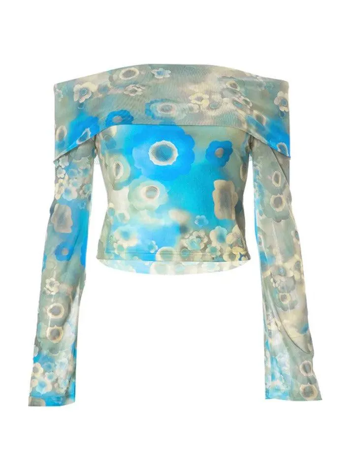 Random Floral Print Off Shoulder Mesh Long Sleeve Tee