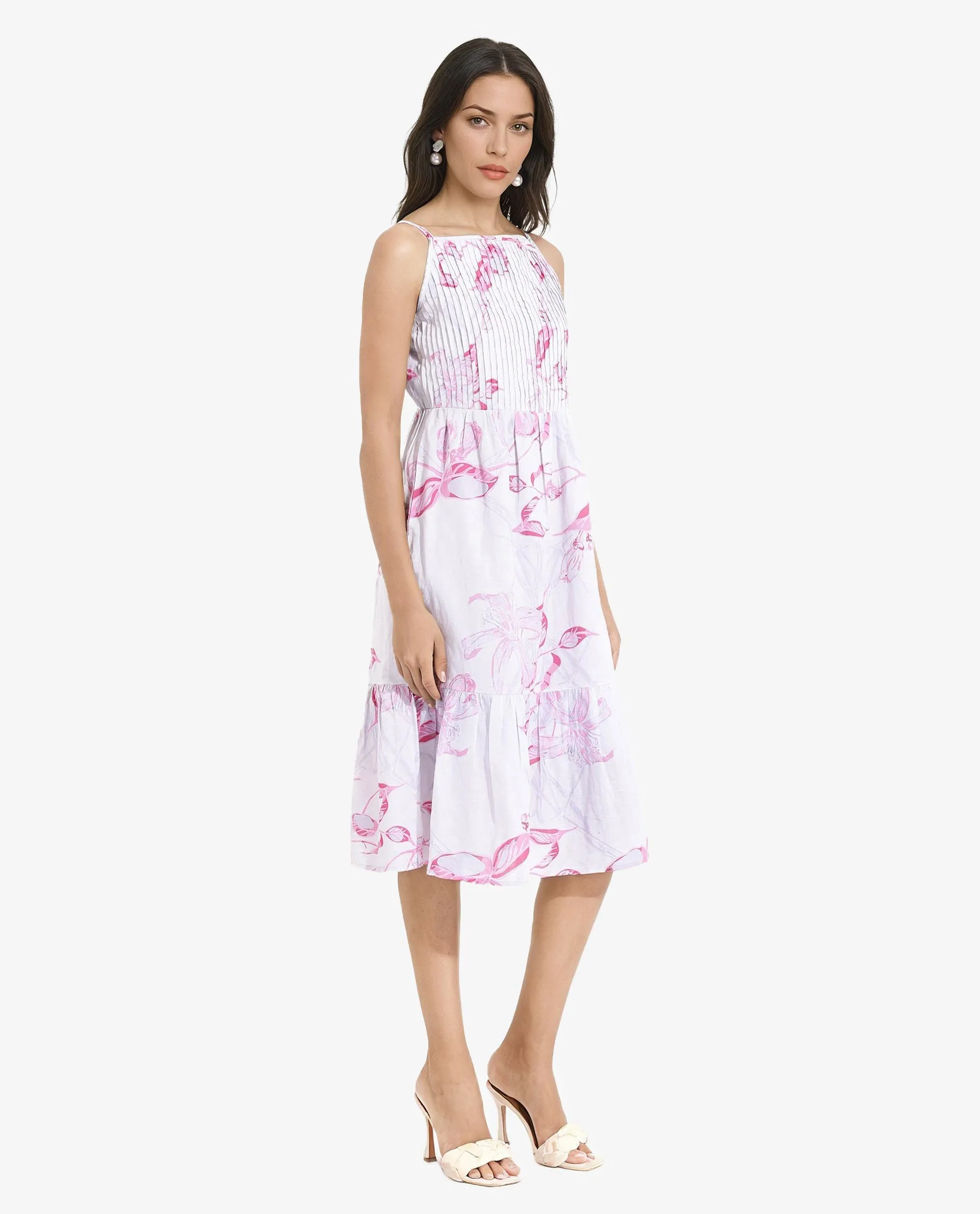 Rareism Women Kanora Dusky Purple Sleeveless Shoulder Straps  Fit And Flare Midi Floral Print Dress