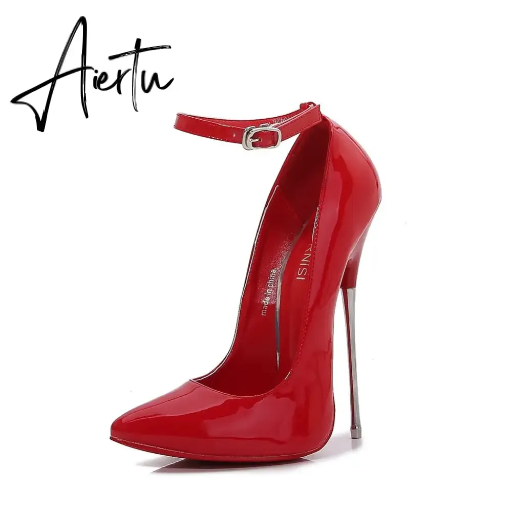 Sexy Patent Leather Fetishism Solid Pumps Metal Heel Women'S Shoes Pointy Stiletto 16 CM Super High Heels Sandals Large Size 46