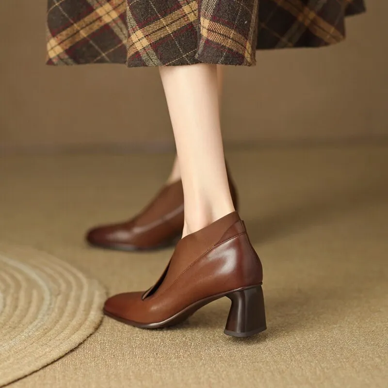 Wenkouban Autumn Boots   NEW Women Boots Square Toe High Heel Shoes for Women Split leather Shoes Women Chunky Heel Black Boots Autumn Solid Boots