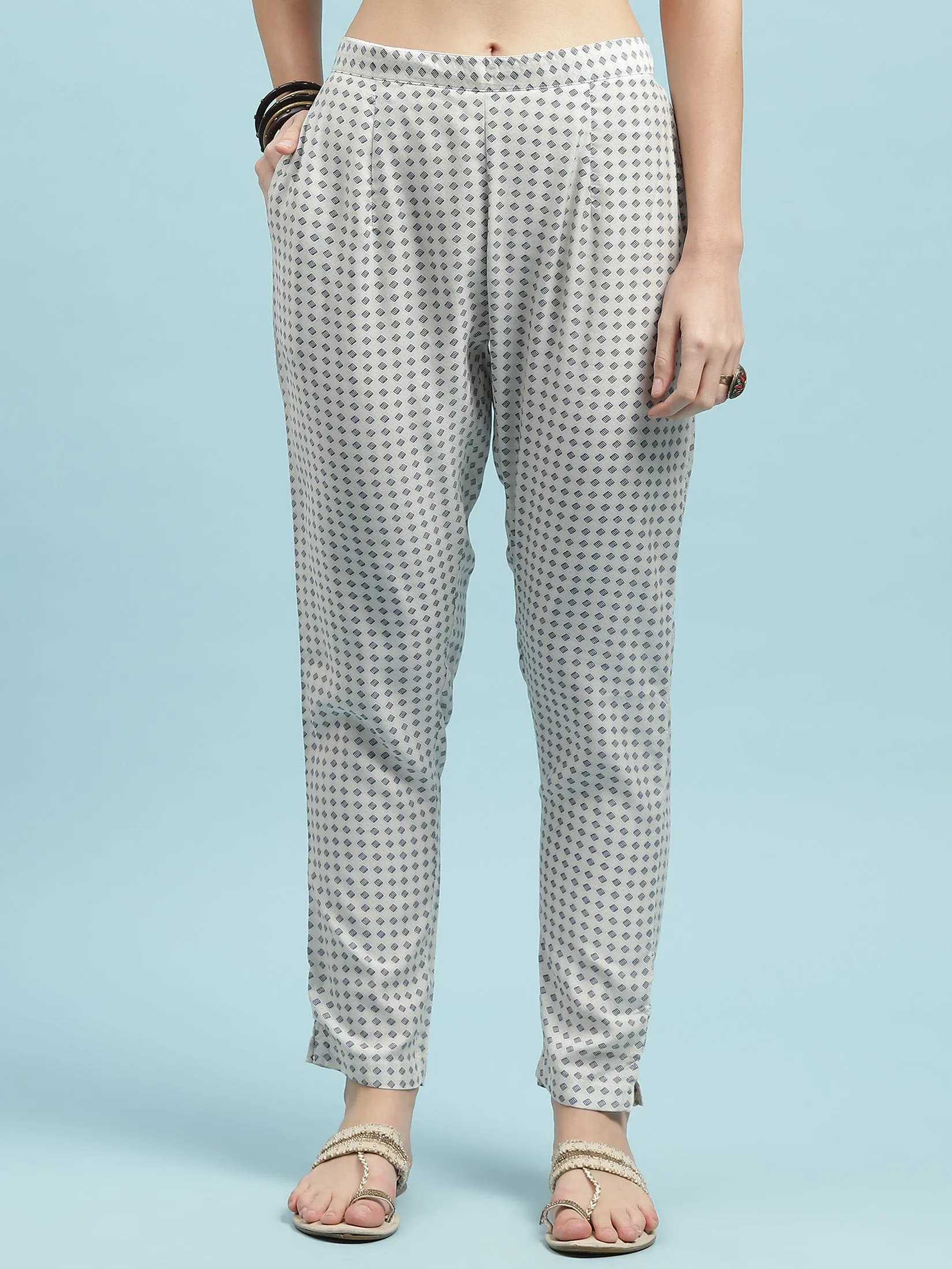 Women Off White Straight Printed Kurta Trouser Dupatta