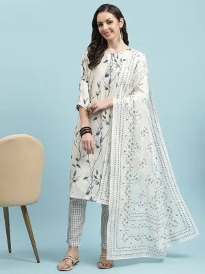 Women Off White Straight Printed Kurta Trouser Dupatta