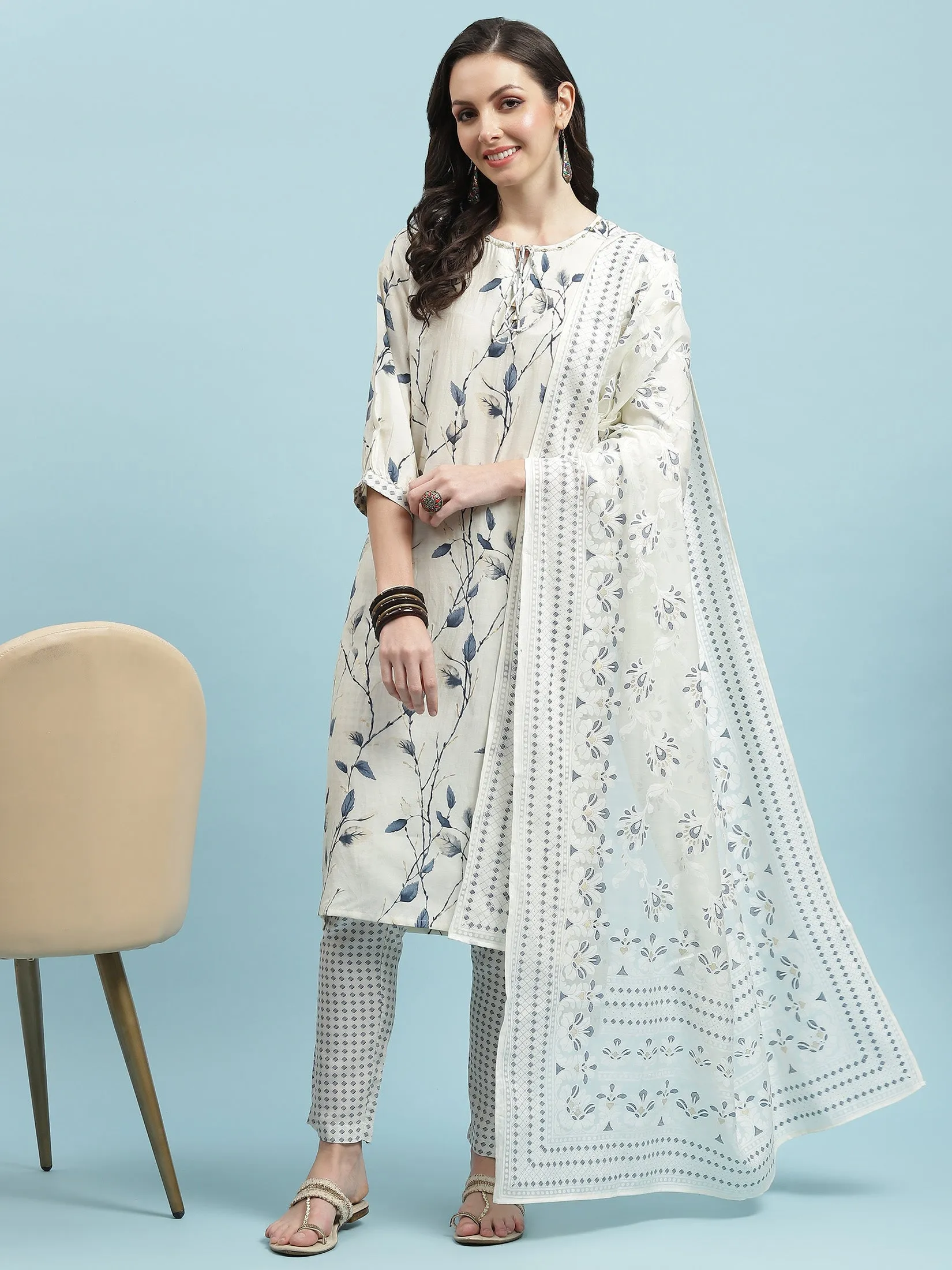 Women Off White Straight Printed Kurta Trouser Dupatta