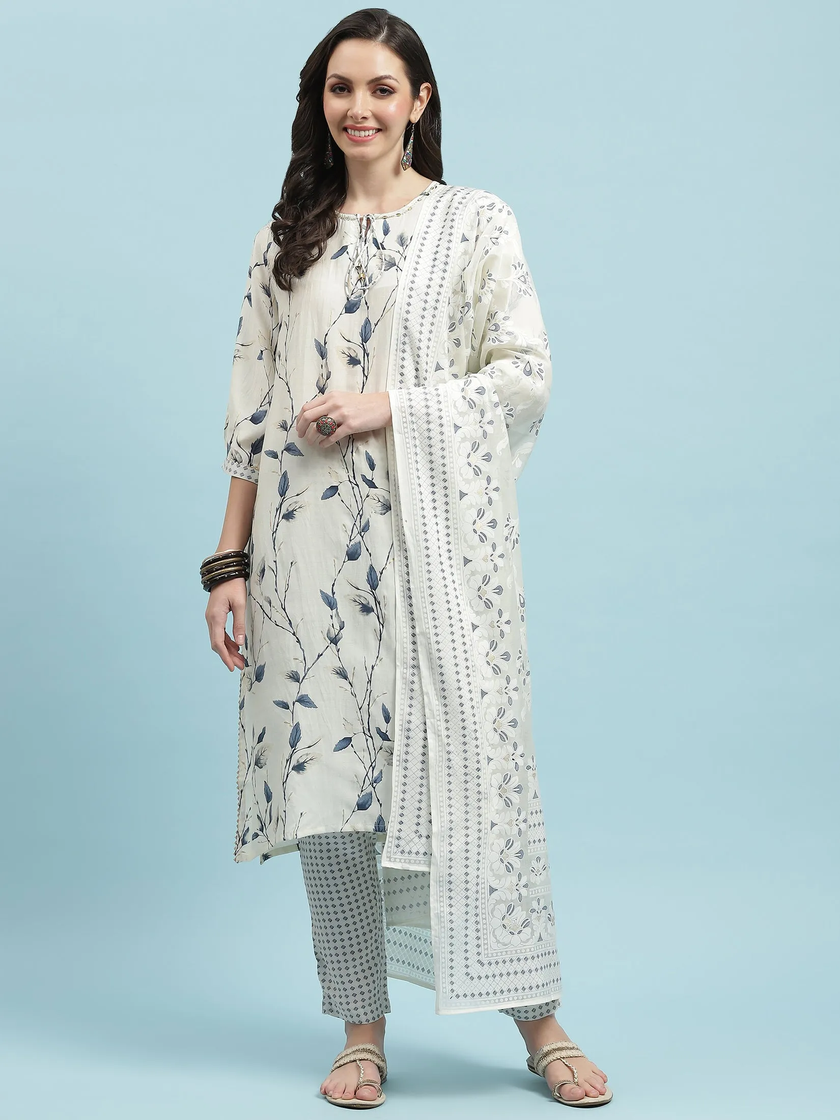 Women Off White Straight Printed Kurta Trouser Dupatta