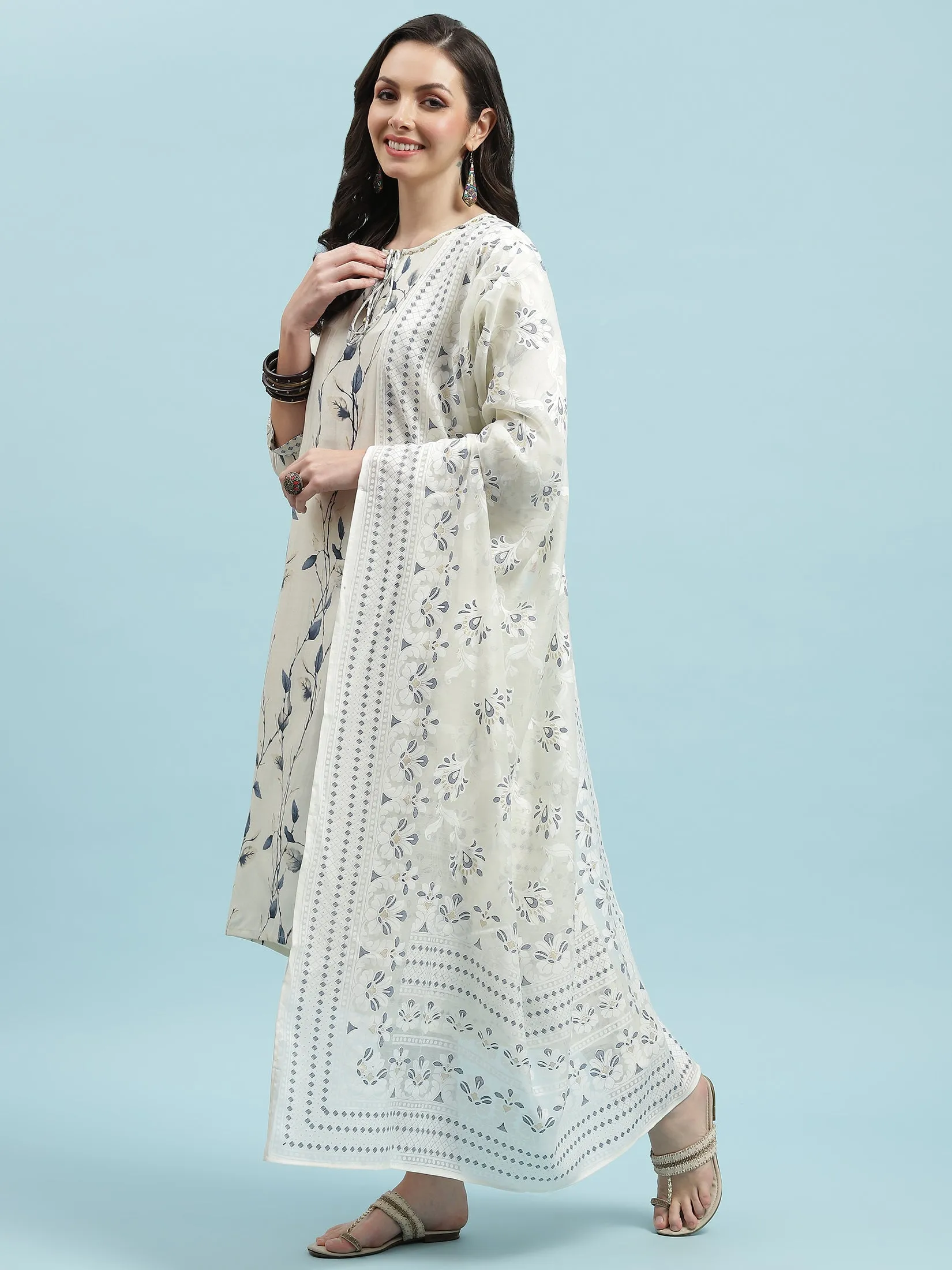 Women Off White Straight Printed Kurta Trouser Dupatta