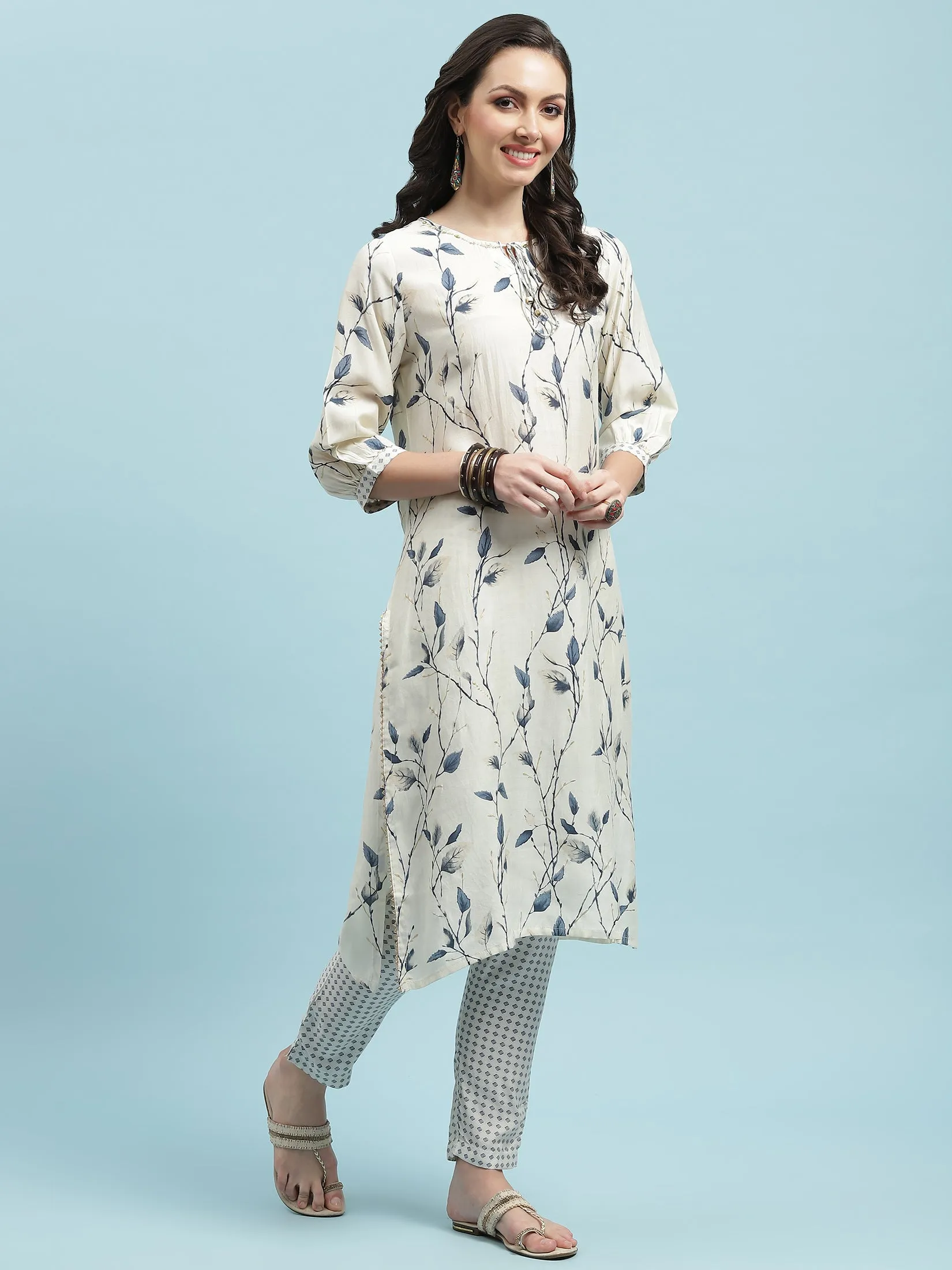 Women Off White Straight Printed Kurta Trouser Dupatta