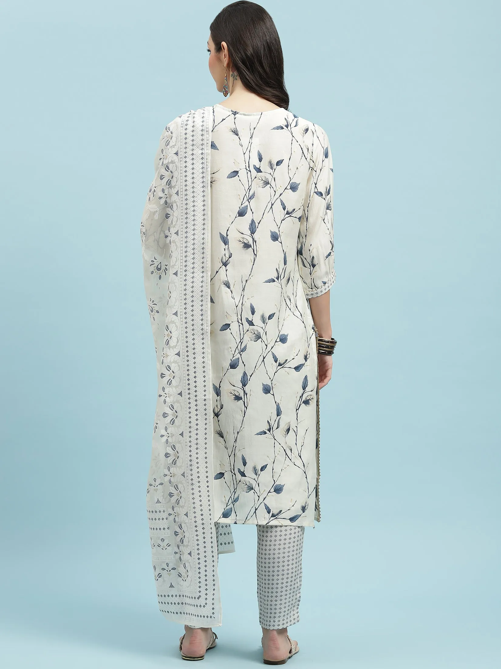 Women Off White Straight Printed Kurta Trouser Dupatta