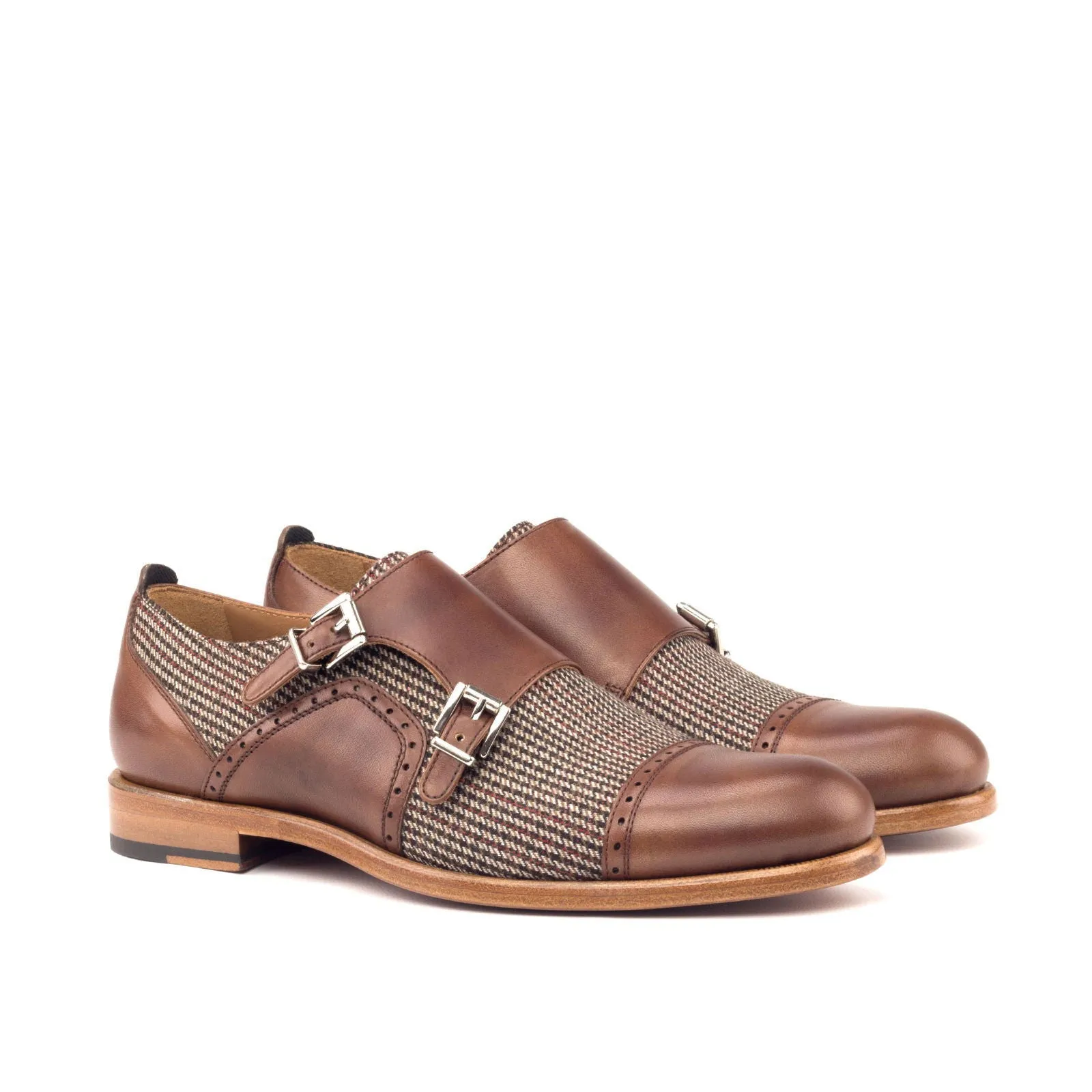 Women's Double Monk Leather Shoes Brown 3047