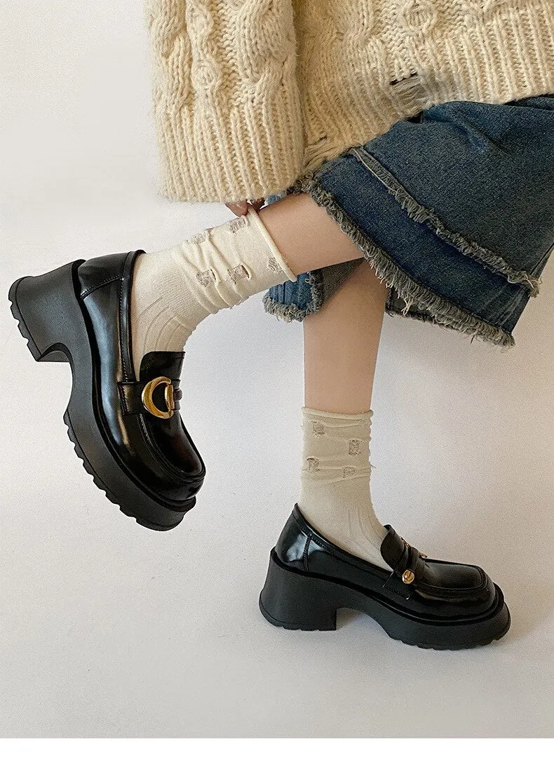 xiangtuibao Retro black round toe thick heel leather shoes for women  new spring versatile British style Lefu shoes single shoes