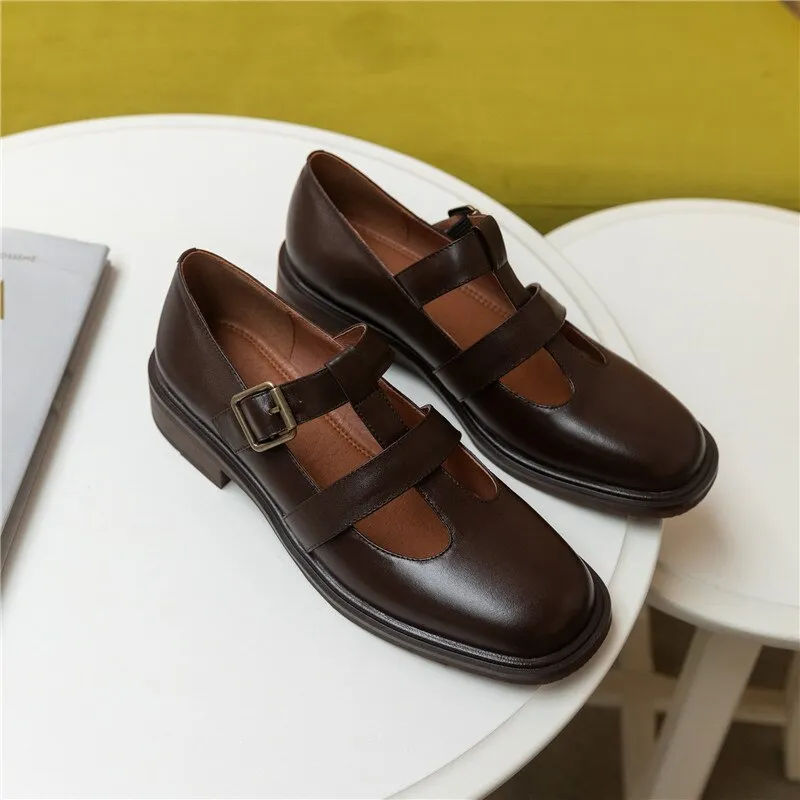 xiangtuibao  Spring New Women Shoes Oxfords Brown Flat Shoes Women Pumps Genuine Leather Ladies Shoes Round Toe Retro Shoes Woman Casual